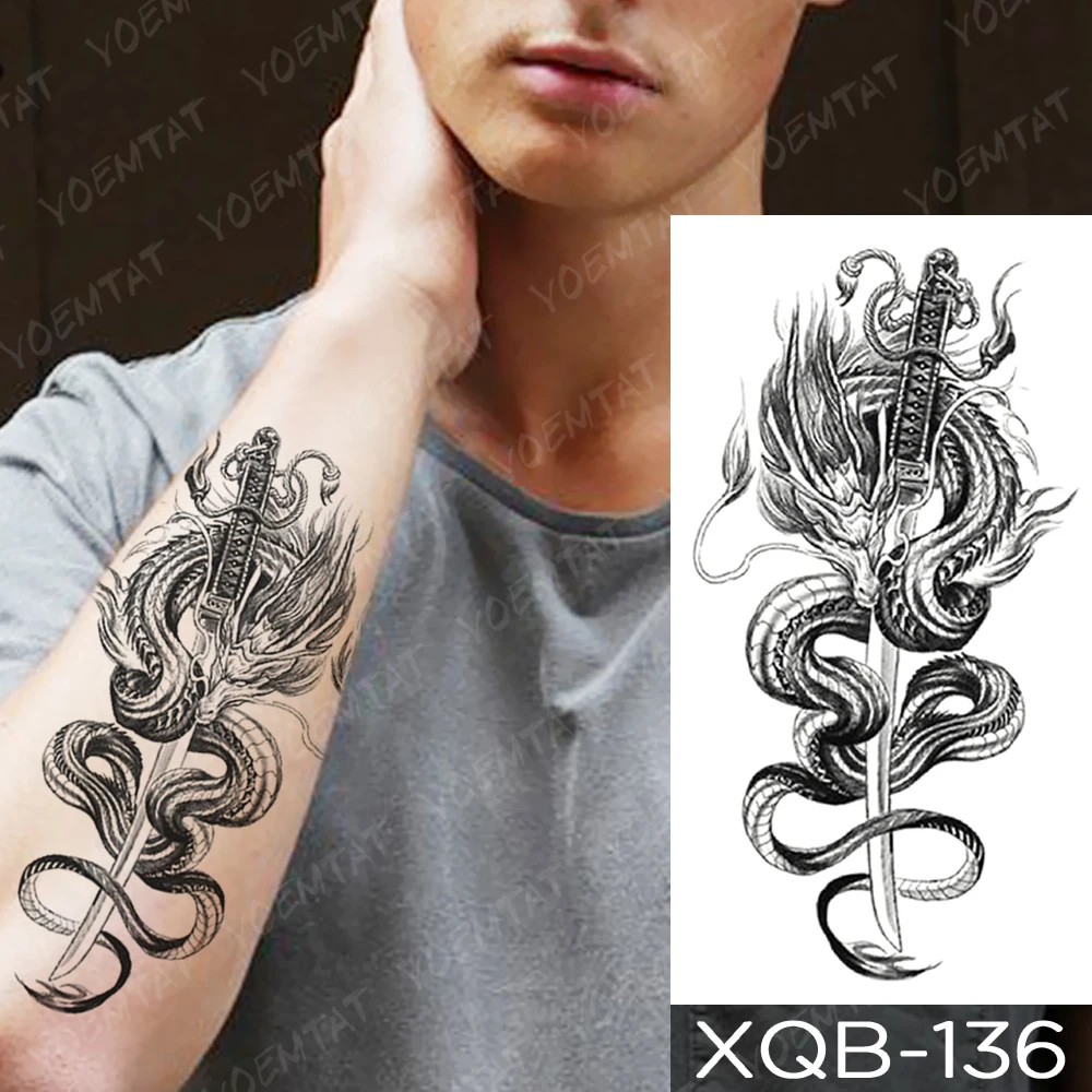 Ūdensnecaurlaidīgus Pagaidu Tetovējumu Uzlīmes Dragon Sword Čūska Flash Tetovējumiem Rožu Pūce, Vilks Body Art Roku Viltus Piedurknēm Tetovējums Sievietes Vīrieši