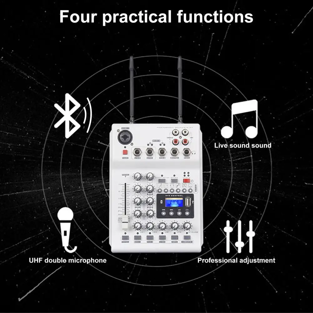 Bezvadu Straumēšanas Audio Mikseris Ar 2 UHF Bezvadu Mikrofonus 4 Kanālu Miksēšanas pults 48V Phantom Power USB Par DJ, Karaoke PC Ģitāra