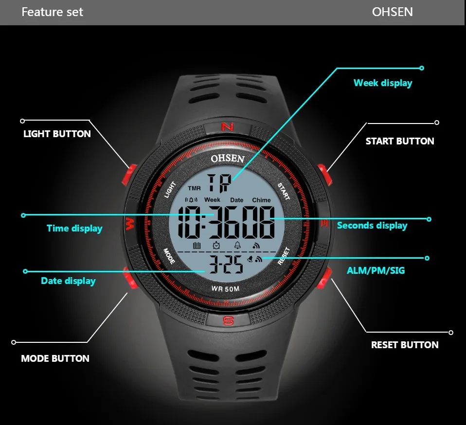 Digitālā Vīriešiem Skatīties, Āra Sporta Ūdensizturīgs Black Militāro Rokas Pulksteņi reloj hombre Modinātājs Hronometrs LED Elektronisko Diver Watch