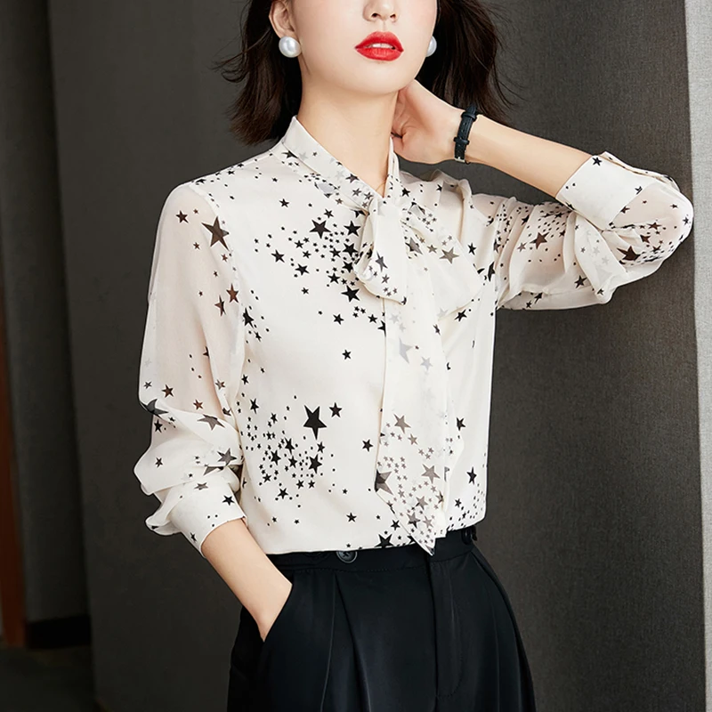 LJSXLS Star Print Loku Elegants Krekls ar garām Piedurknēm Sievietēm Ir 2021. Rudens Gadījuma Modes Šifona Biroja Dāmas Blūzes Camisas Mujer De