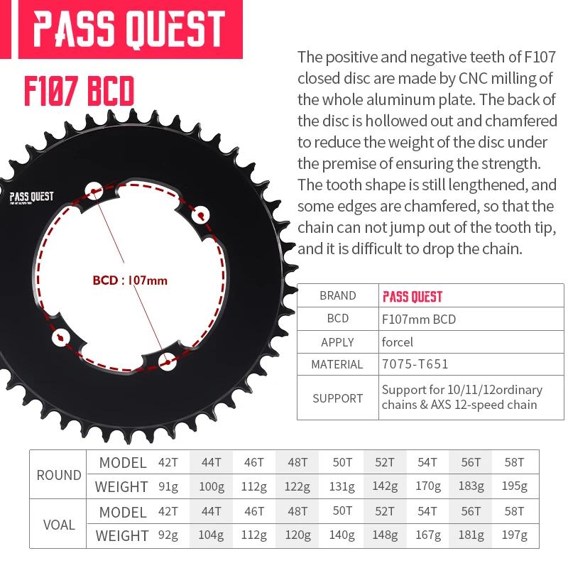 IET QUEST F107mm BCD slēgts kārta/elipsveida ceļu velosipēds zobs, 42T-58T slēgts disku piemērots SRAM FORCE