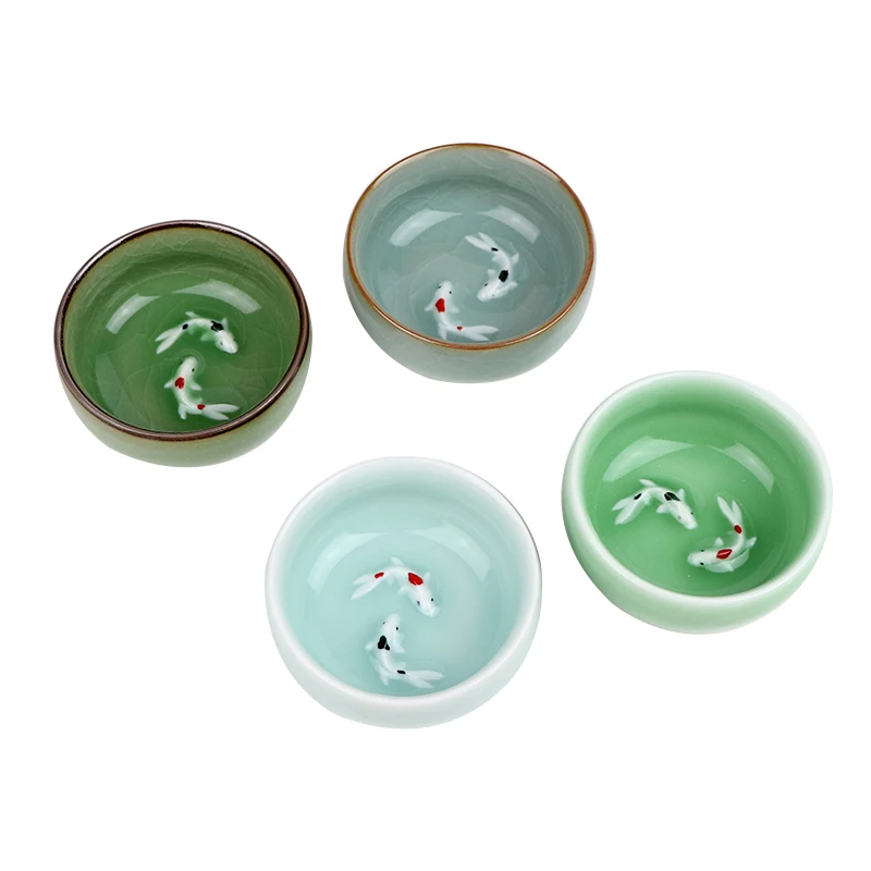 Viena tējas tase longquan zaļpelēka krāsa porcelāna zivju glābšanas cirsts kungfu tasi tējas geyao crackle glazūru master cup diyao amatniecības Ķīnā