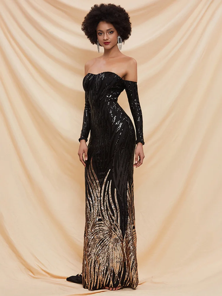 Slīpums Black Vizuļi Cocktail Dress Sexy Off-Plecu Pilna Piedurknēm Sievietēm Oficiālās Balles Kleita Soriee Grīdas-garums Puse Kleita ir 2021.