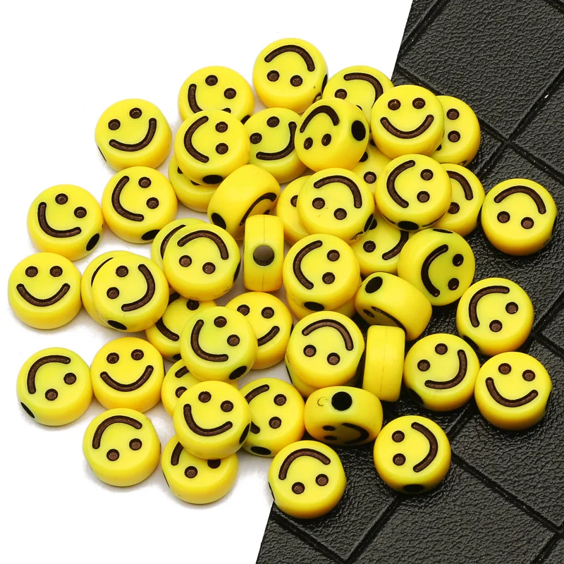 Apaļa Dzeltena Smiley Sejas Modeli Akrila Distances Krelles 50/100gab 10x5mm Zaudēt Krelles Rotaslietas Pieņemšanas DIY, Kaklarota, Rokassprādze
