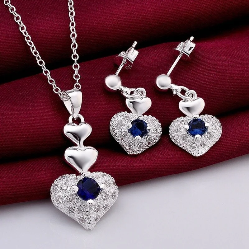 Gudrs tīra 925 Sterling sudraba kāzu rotaslietas romantiska blue zircon kristāla sirds kulons, kaklarota, Auskari modes rotaslietas komplekts