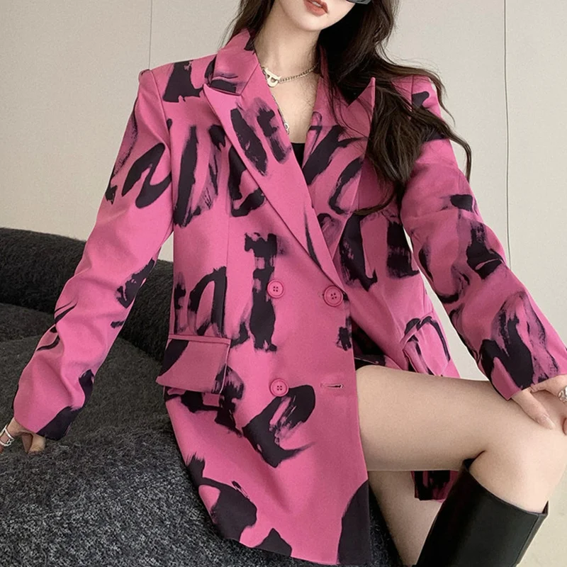 Ir 2021. Sieviešu Uzvalks Jaka Sieviešu Retro Iespiesti Uzvalks Jaka Hong Kong Stils Pavasarī un Rudenī Zaudēt garām piedurknēm Rose Red Top