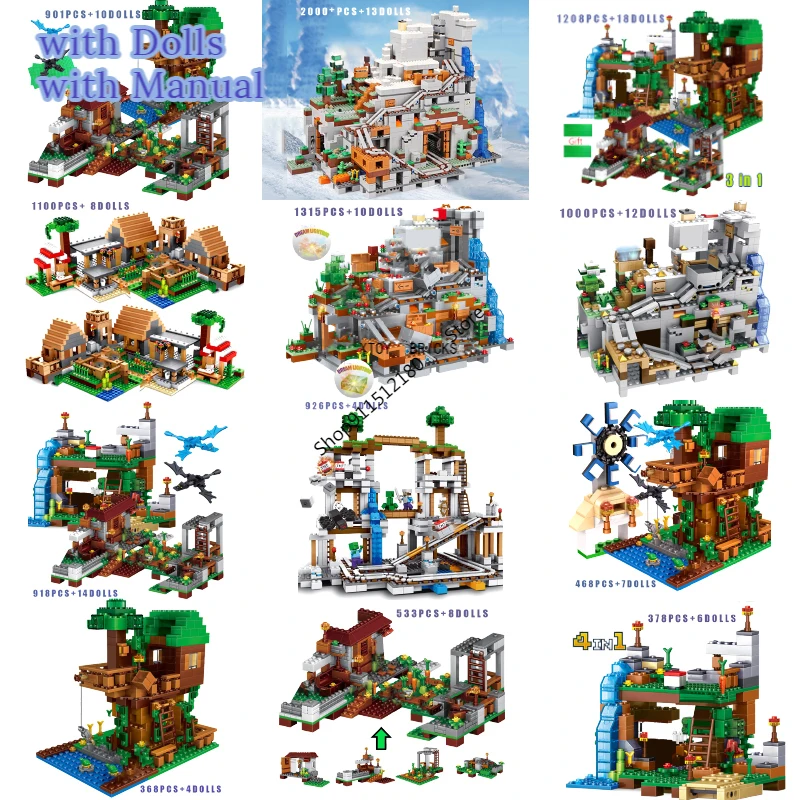 Celtniecības Bloki par Manu Pasauli Kalnu Alā, Lifts Raktuvju Ciems Ūdenskrituma Modeli, kas ar Skaitļiem, Ķieģeļu DIY Rotaļlietas