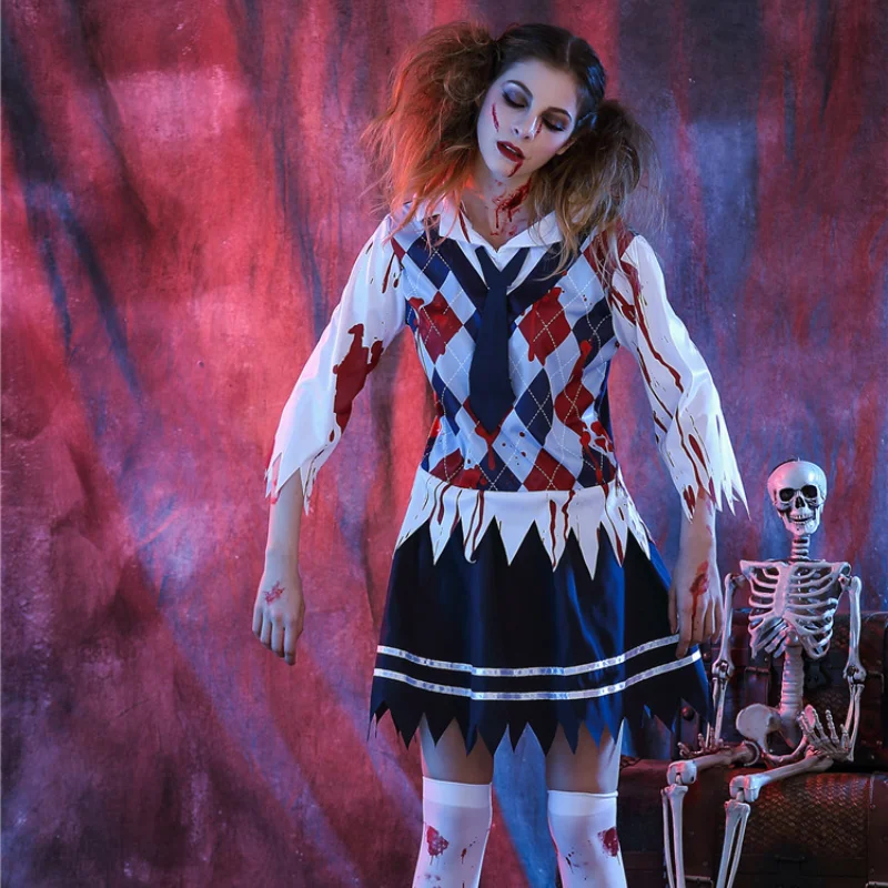 Asiņaina Šausmu Zombiju COS Māsa Tērpu Halloween Asiņaina Studentu Meitene Krāso ar Asins Raganu Kostīmu Bērniem