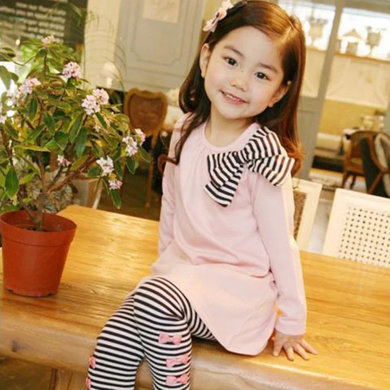 VIŅŠ Sveiki Baudīt Toddler Meitene Bērniem, Drēbes ar garām Piedurknēm Loku T-krekls Ar Bowknot Svītru Bikses Tērpiem Iestatīt Ikdienas Meitene Clohing Komplekts
