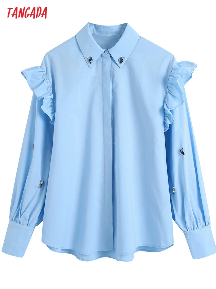 Tangada Sievietes Pavasara Modes Lielgabarīta Rhinestones Mežģīņu Krekls Blūzes Vintage garām Piedurknēm, Sieviešu Krekli Blusas BE259