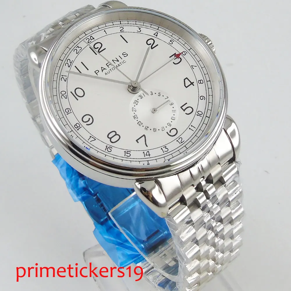 PARNIS white dial 42mm luksusa vīriešu pulksteņi datumu, nerūsējošā tērauda siksniņa, 24 stundu indikators rokas pulkstenis 1276