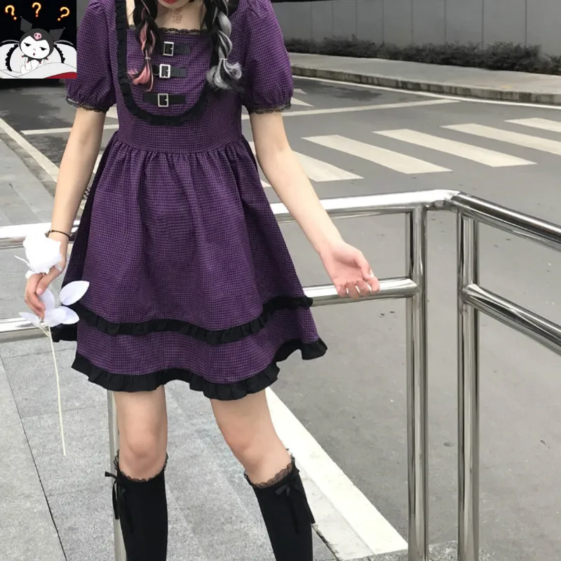 Japāņu Harajuku Gothic Lolita Kleita Vasarā Meitenes Sexy Puses Violeta Pleds Pogas Laukumā Apkakles Mežģīnes Ruffles Sieviešu Mini Kleitas