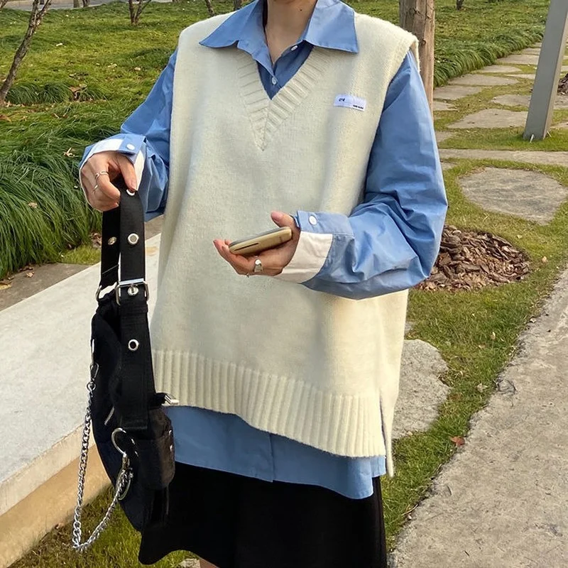 Japāņu vienkrāsainu V-veida kakla vestes džemperi sieviešu korejiešu versija brīvs jaunu piedurknēm adīts pulovers blūze ikdienas visas spēles