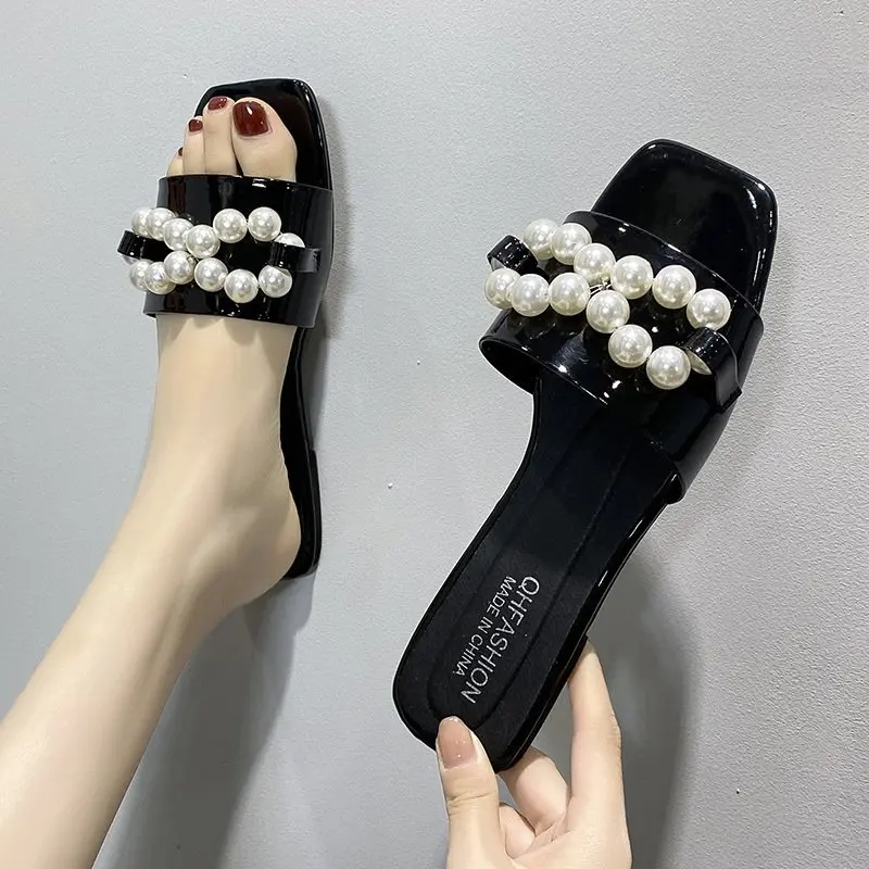 Vasaras sieviešu kurpes elegantas pērļu dzīvoklis sandales modes atvērtu purngalu sandalias de tacon