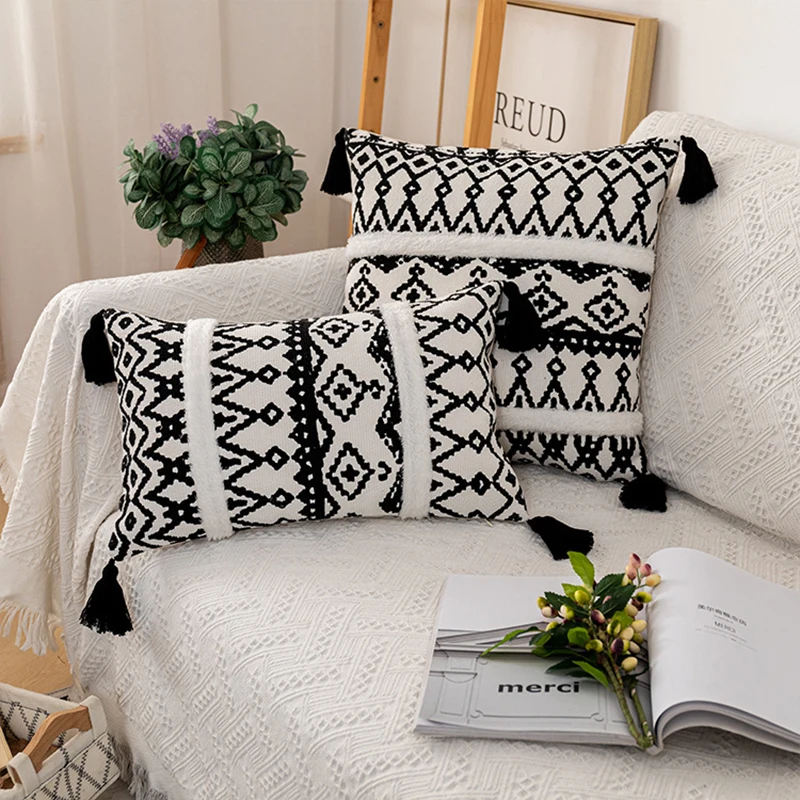 Boho Stila Black Ģeometriskā spilvens segums Pušķi Marokas Stila spilvena segums Austi Mājas apdare Dīvānu 45x45cm